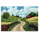 Winding Country Road with Red Barn and Green Hills – Bright Summer Folk Art Landscape Print on Ready to Hang 1.5" Thick Canvas Wrap, Floating Framed Canvas, Flat Rolled Canvas